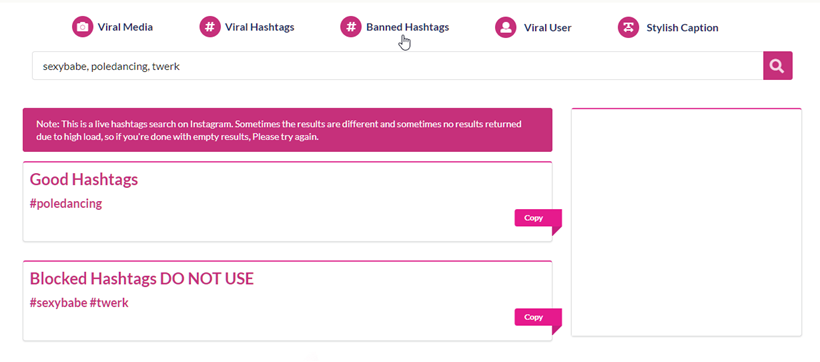 Shows the results of ViralCaption banned hashtag search